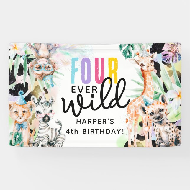 Banderoles QUATRE jamais Wild ! Safari Animaux 4e anniversair (Horizontal)
