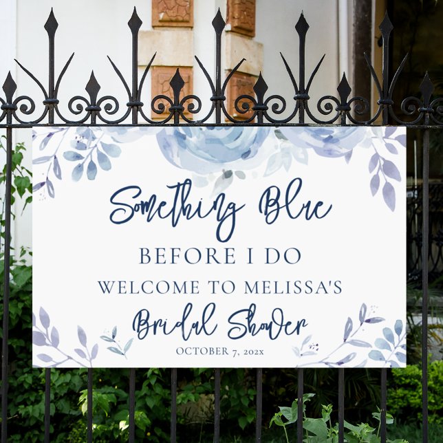 Banderoles Quelque chose de bleu avant que je ne fasse la fêt (Dusty Blue Floral Script Something Blue Bridal Shower Banner)