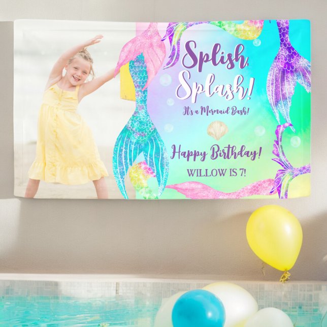 Banderoles Queues de sirène de plage photo de l'Anniversaire  (Beach party mermaid tails Kids birthday photo Banner)