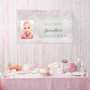 Banderoles Quinceanera argent photo violet parties scintillan