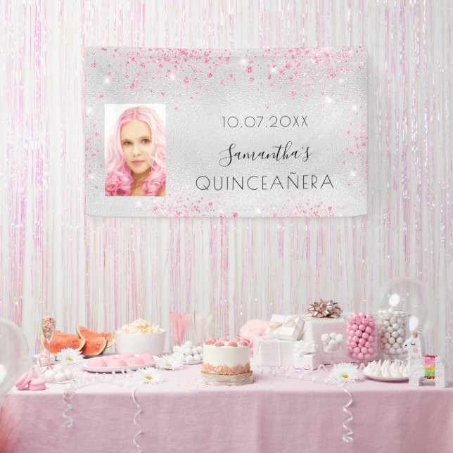 Banderoles Quinceanera argent photo violet parties scintillan (Fête)