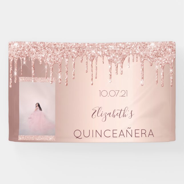 Banderoles Quinceanera fête photo rose or parties scintillant (Horizontal)