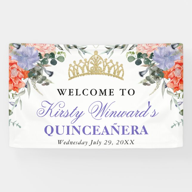 Banderoles Quinceanera, fleurs violettes et orange (Horizontal)