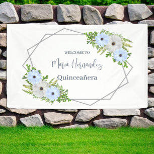Banderoles Quinceañera Florale Bleu Clair et Blanc Rustique 