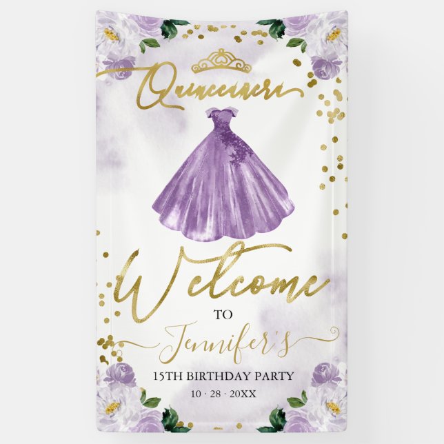 Banderoles Quinceanera florale violette Bienvenue (Vertical)