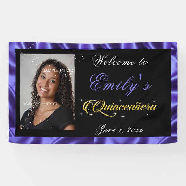 Banderoles Quinceanera Gold Sparkle Txt, Photo Satin Violet, (Horizontal)