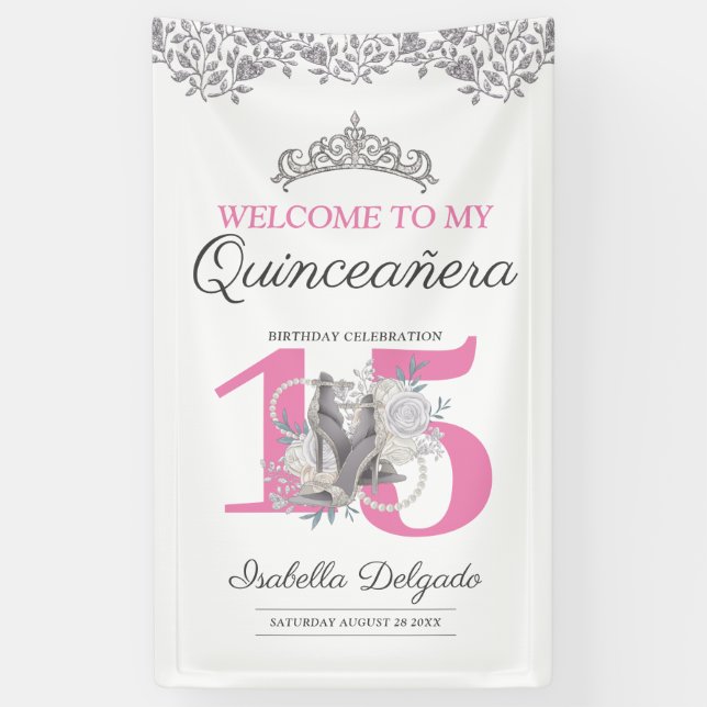 Banderoles Quinceanera Princess Pink Silver 15e anniversaire (Vertical)