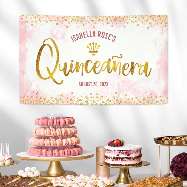 Banderoles Quinceañera Rose Aquarelle rose pâle Bienvenue or (Créateur téléchargé)