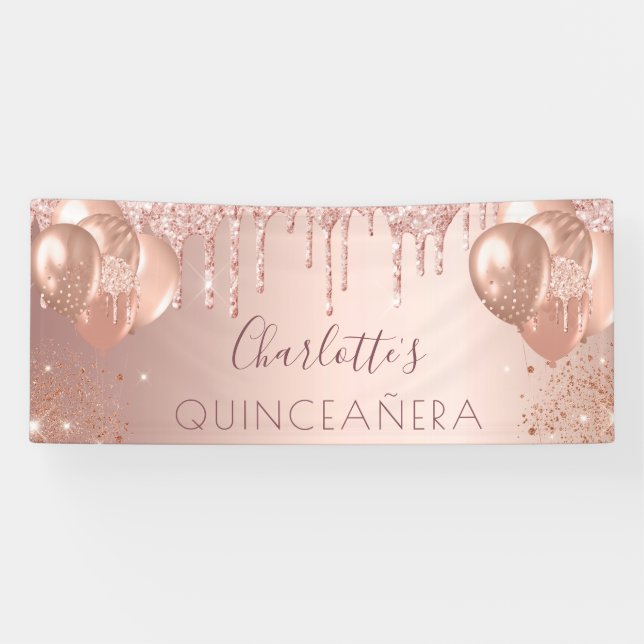 Banderoles Quinceanera rose ballon d'or fête (Horizontal)