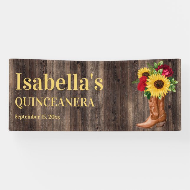 Banderoles Quinceañera Rouge Roses Tournesols Cowboy Bottes (Horizontal)