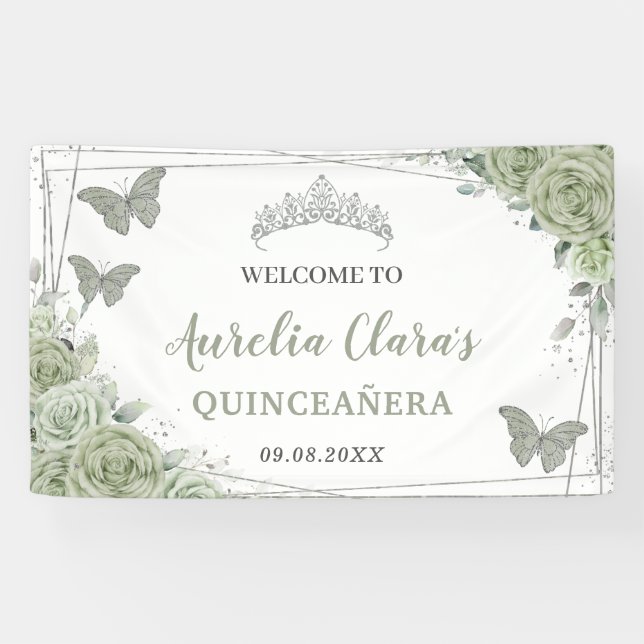 Banderoles Quinceañera Sage Vert Floral Accueil fond (Horizontal)