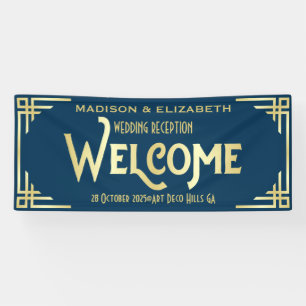Banderoles Réception Mariage Art Déco Bienvenue Gold Dark Blu