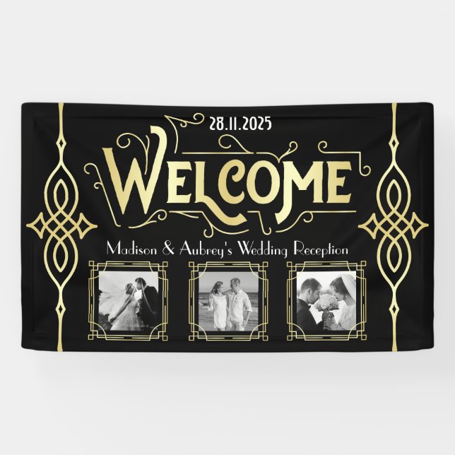 Banderoles Réception Mariage Art Déco Gold Black Welcome (Horizontal)
