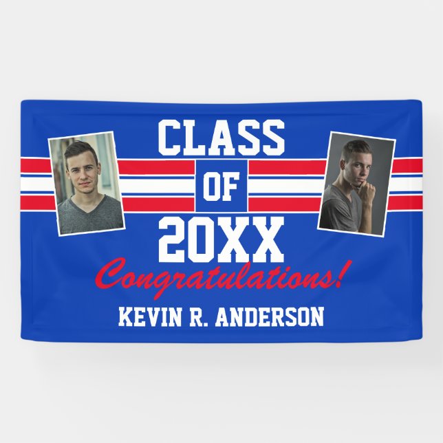 Banderoles Red and Blue Graduation Photo Félicitations (Horizontal)
