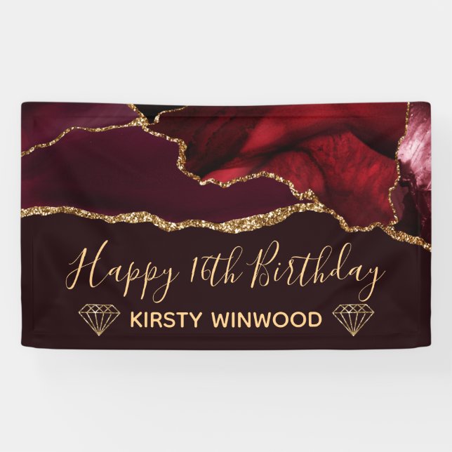 Banderoles Red & Faux Gold Parties scintillant Agate Sweet 16 (Horizontal)