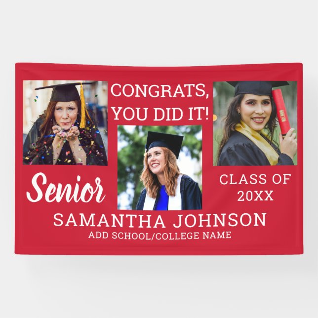 Banderoles Red Graduation 3 Photo Collage Félicats Senior (Horizontal)