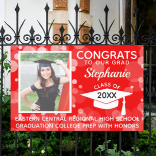 Banderoles Red Modern Bubbles Congrats Photo Graduation Yard