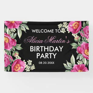 Banderoles Red Violet Peony Floral Black Birthday Welcome