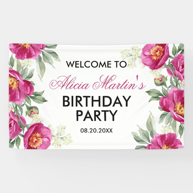 Banderoles Red Violet Peony Floral Green Anniversaire Bienven (Horizontal)