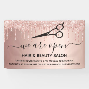 Banderoles Réouverture salon de beauté rose or parties scinti