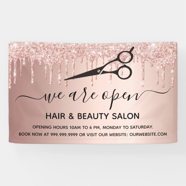 Banderoles Réouverture salon de beauté rose or parties scinti (Horizontal)