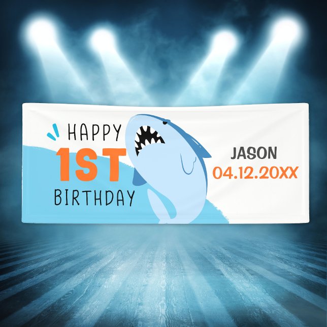 Banderoles Requin 1er anniversaire fête des garçons Nom Banni (Shark 1st Birthday Party Boys Name Custom Banner
)