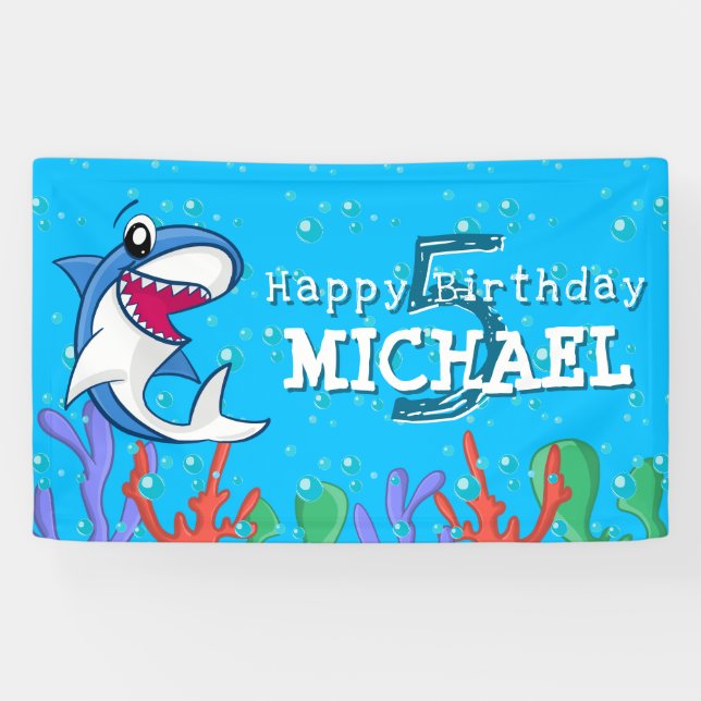 Banderoles Requin Bleu Océan Enfants N'importe quel âge Anniv (Horizontal)