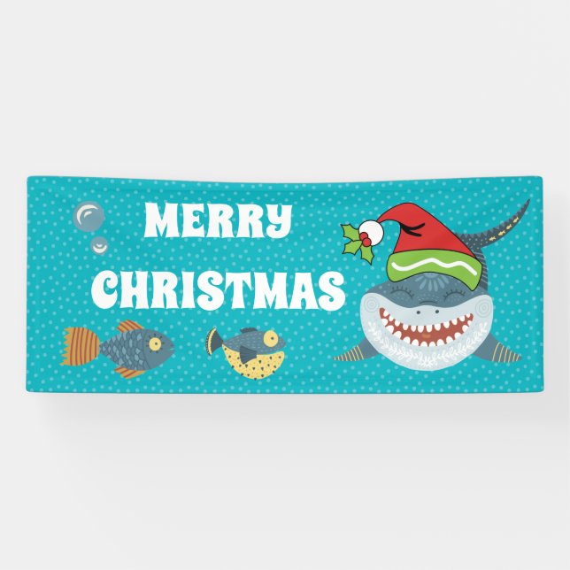 Banderoles Requin souriant avec son aquarium de Noël casquett (Horizontal)