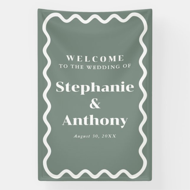 Banderoles Retro 1950 Wavy Edge Sage Green Mariage (Verticale)