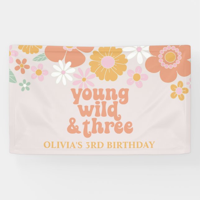Banderoles Retro Floral Young Wild Trois Anniversaire Bannièr (Horizontal)