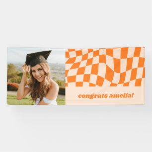 Banderoles Retro Orange Checkerboard Graduation Photo Congrat