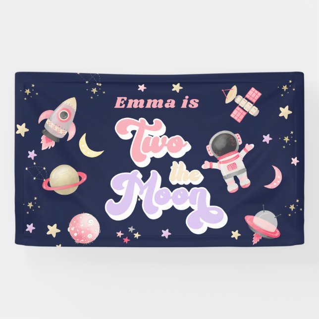 Banderoles Retro rose deux l'espace lune Anniversaire (Horizontal)