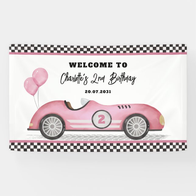 Banderoles Retro Rose Race Car Deux Fille Rapide Anniversaire (Horizontal)