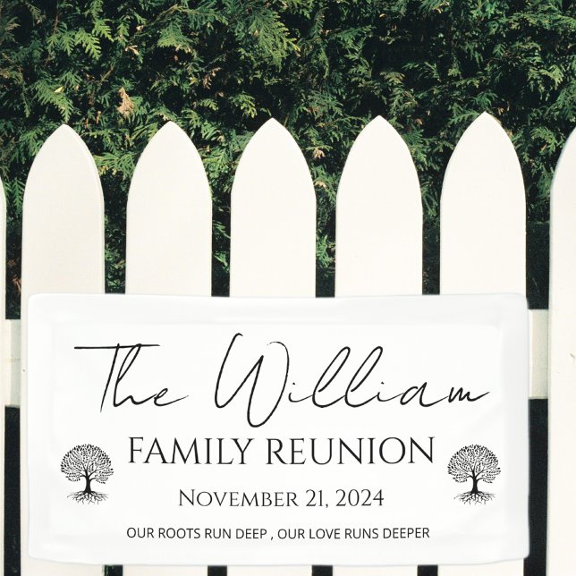 Banderoles réunion de famille blanche moderne minimale person (Family reunion vinyl banner modern elegant script welcome banner for family reunion event)