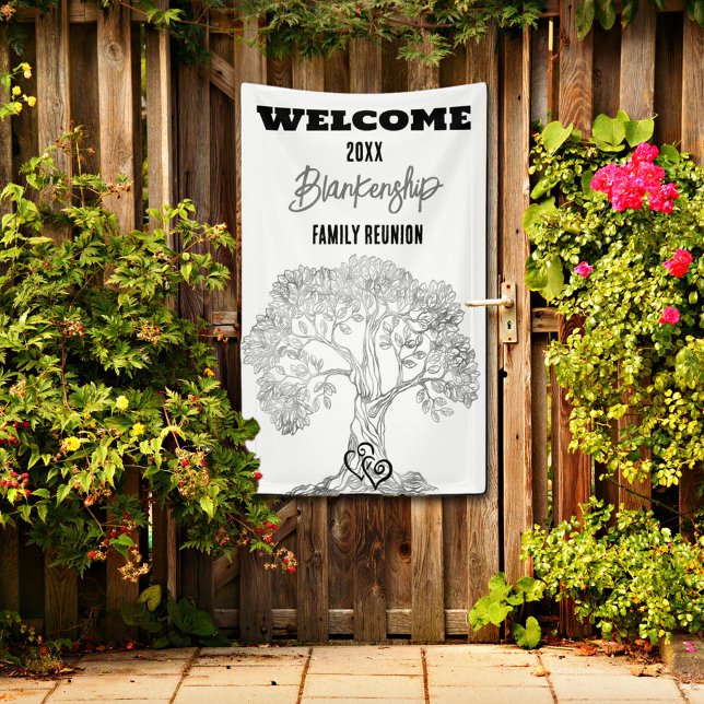 Banderoles Réunion de famille Vieux arbre gris sur le Noir Pe (Welcome family on a vertical format reunion banner with rustic gray tree on a white background.
)