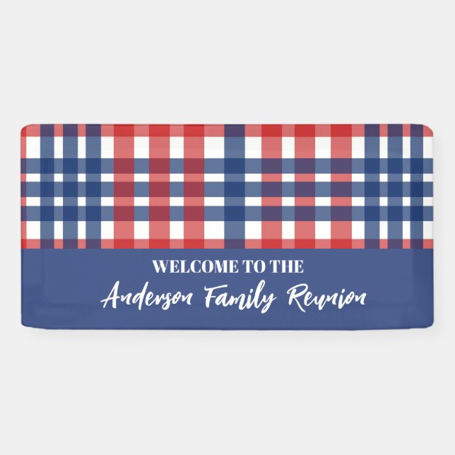 Banderoles Réunion en famille En vichy rouge, blanc et bleu (Horizontal)