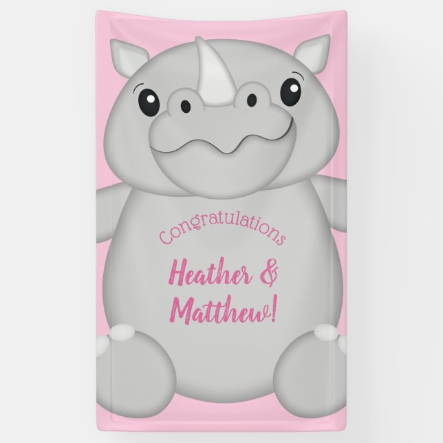 Banderoles Rhino Baby shower Safari Rose fille (Vertical)