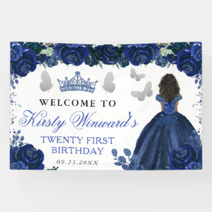 Banderoles Robe Bleue Princesse à la Peau Foncée Floral Anniv