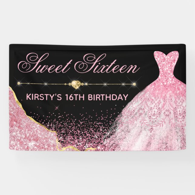 Banderoles Robe d'aquarelle rose et bordure de glam Sweet 16 (Horizontal)