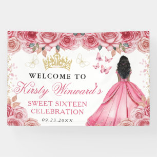 Banderoles Robe rose princesse peau foncée floral Sweet 16