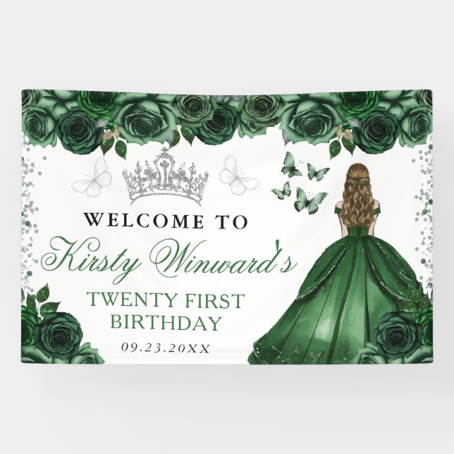 Banderoles Robe verte Blonde Princesse Floral Anniversaire (Horizontal)