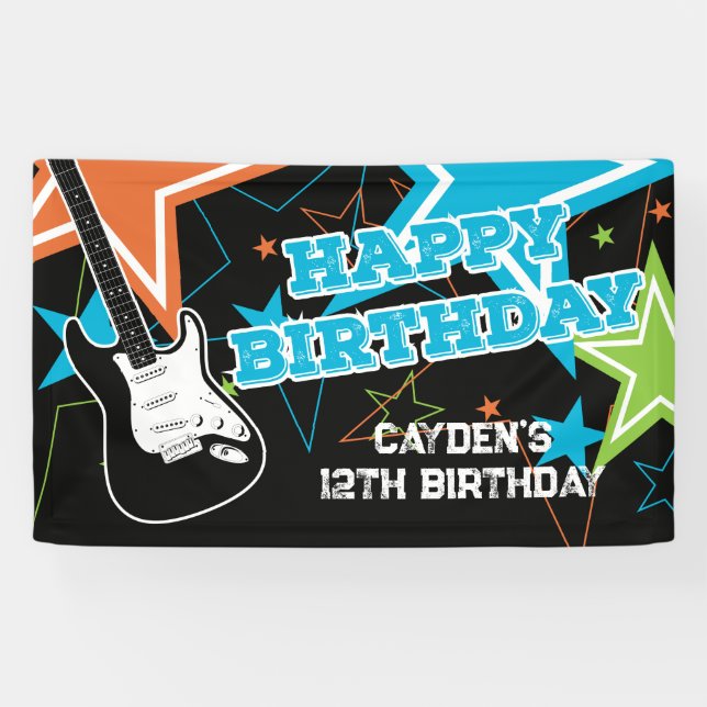 Banderoles Rock Star Anniversaire Guitare Stars Bleu Orange B (Horizontal)