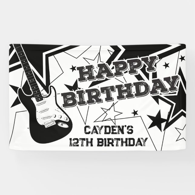 Banderoles Rock Star Anniversaire Guitare Stars Noir et Blanc (Horizontal)