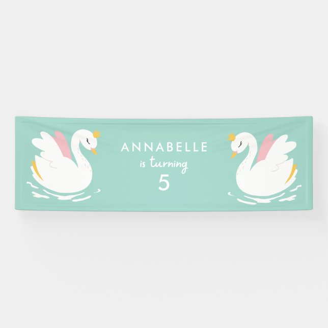 Banderoles Rose aqua girly mignon cygne élégant fête d'annive (Horizontal)