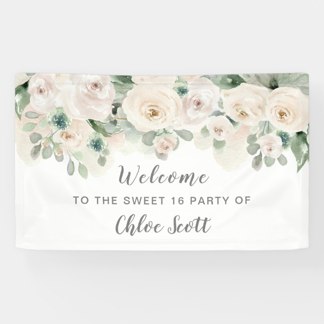 Banderoles Rose blanche Floral Sweet 16 Party Bienvenue (Horizontal)