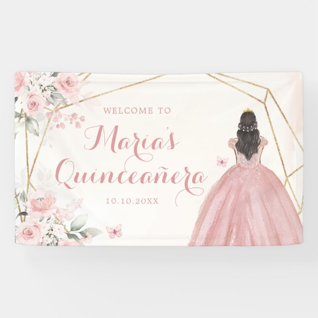 Banderoles Rose Blush Or Géométrique Florale Quinceañera Gran (Horizontal)