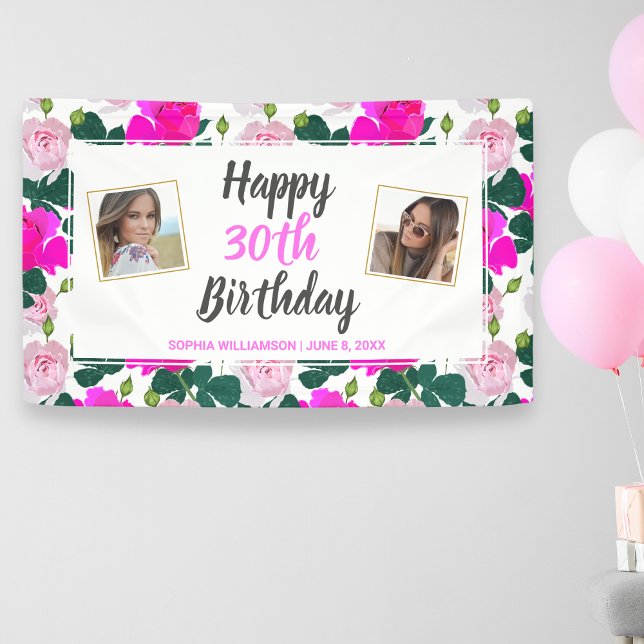 Banderoles Rose Floral Anniversaire N'importe quel nom d'âge  (Créateur téléchargé)