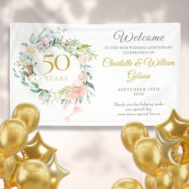 Banderoles Rose Floral Garland 50e anniversaire Bienvenue (Roses Floral Garland 50th Anniversary Welcome Banner)