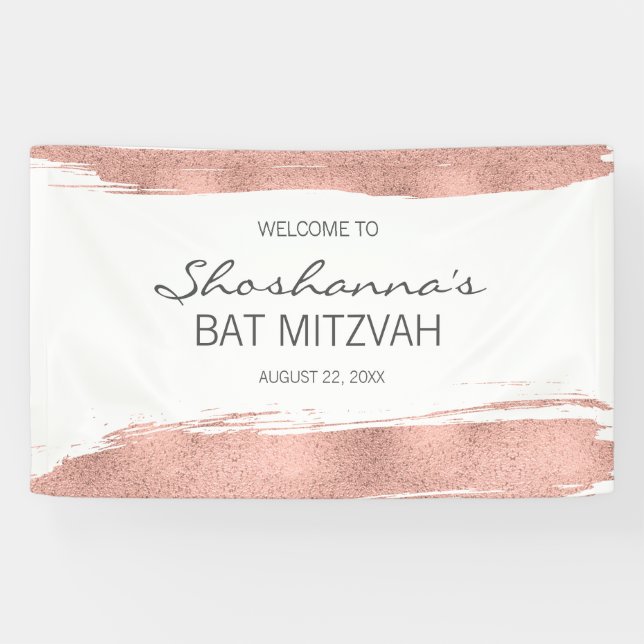 Banderoles Rose Gold Brushstroke Bat mitzvah Bienvenue (Horizontal)