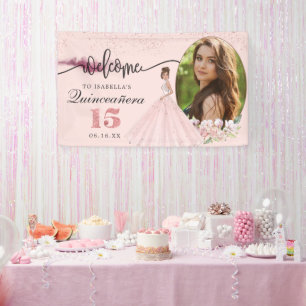 Banderoles Rose Gold Floral Quinceañera Anniversaire Affiche 